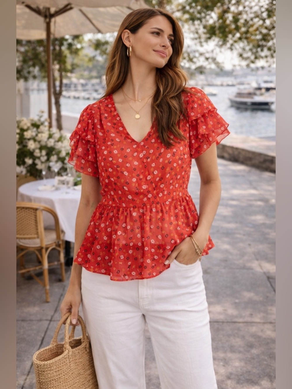 Madewell Red Floral Ruffle Sleeve Peplum Blouse ✨ Romantic Chic Summer Top